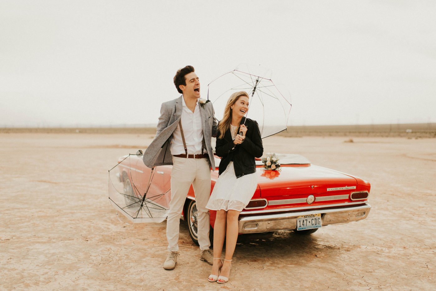Elopement at the Dry lake beds near Las Vegas with classic car